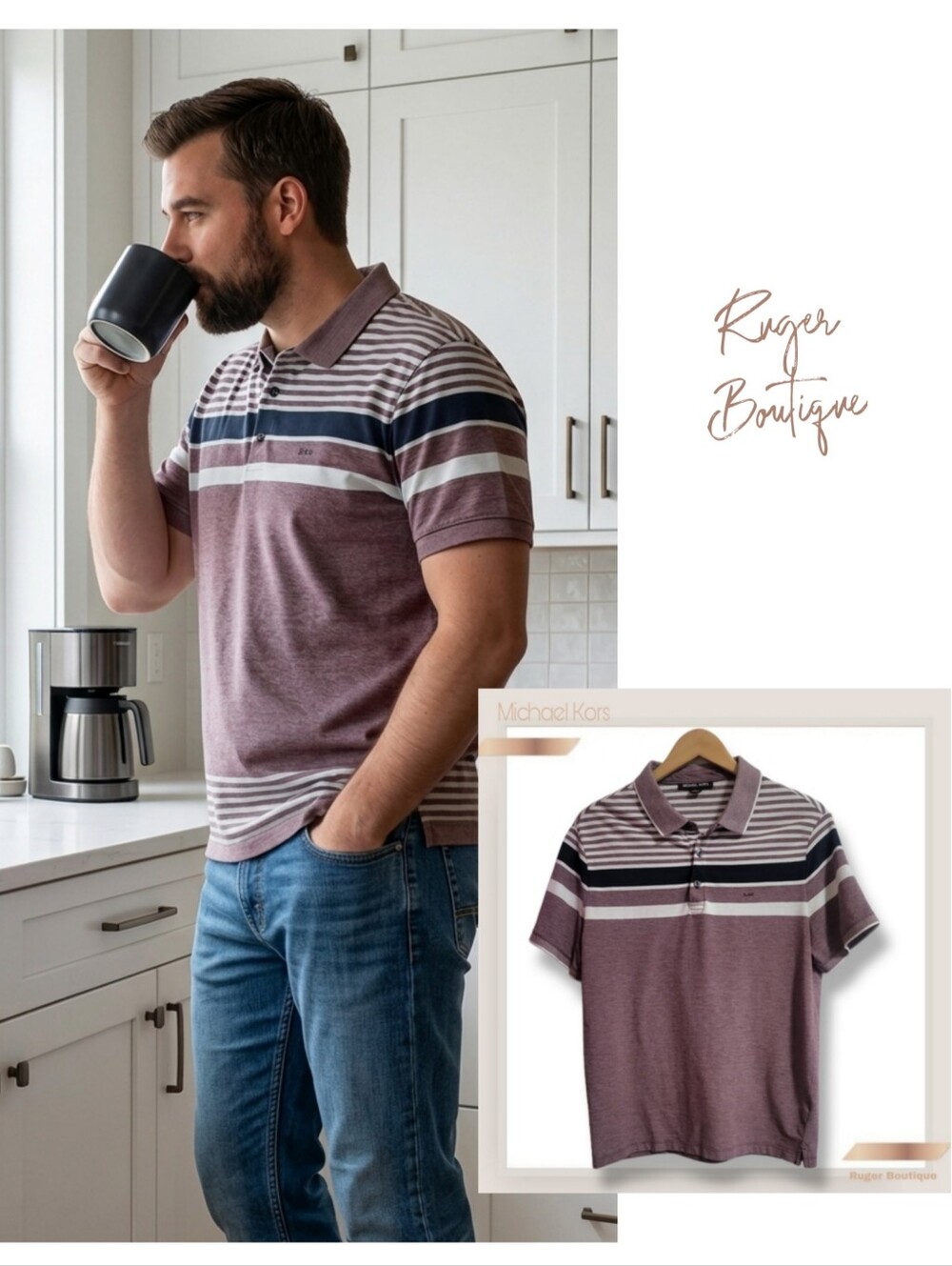 🌿Michael Kors Men’s Large Block Striped Polo Premium Cotton Heathered Plum/Navy
